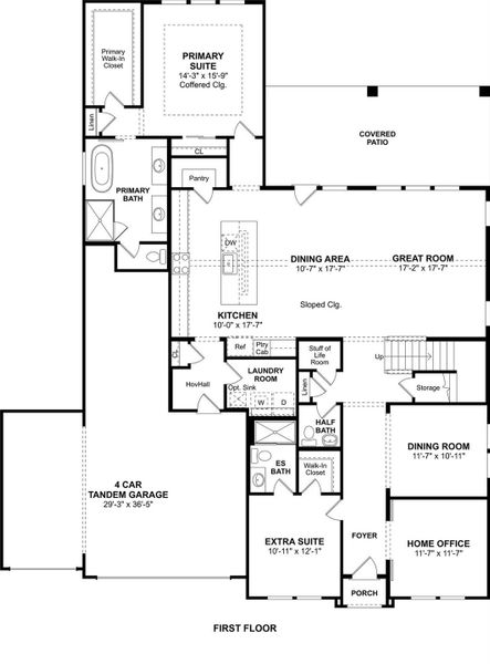The Stirling floor plan by K. Hovnanian Homes. 1st Floor shown. *Prices, plans, dimensions, features, specifications, materials, and availability of homes or communities are subject to change without notice or obligation.