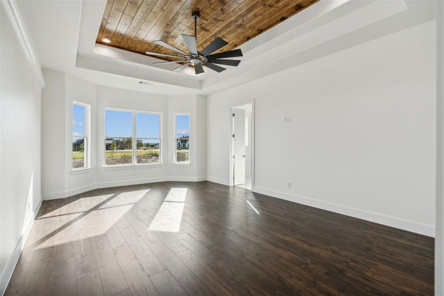 Empty room with wooden ceiling, a raised ceiling, ceiling fan, and dark wood-type flooring