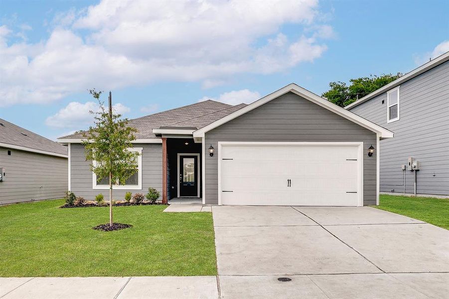 Single story home featuring concrete driveway, an attached garage, a front yard, and a shingled roof