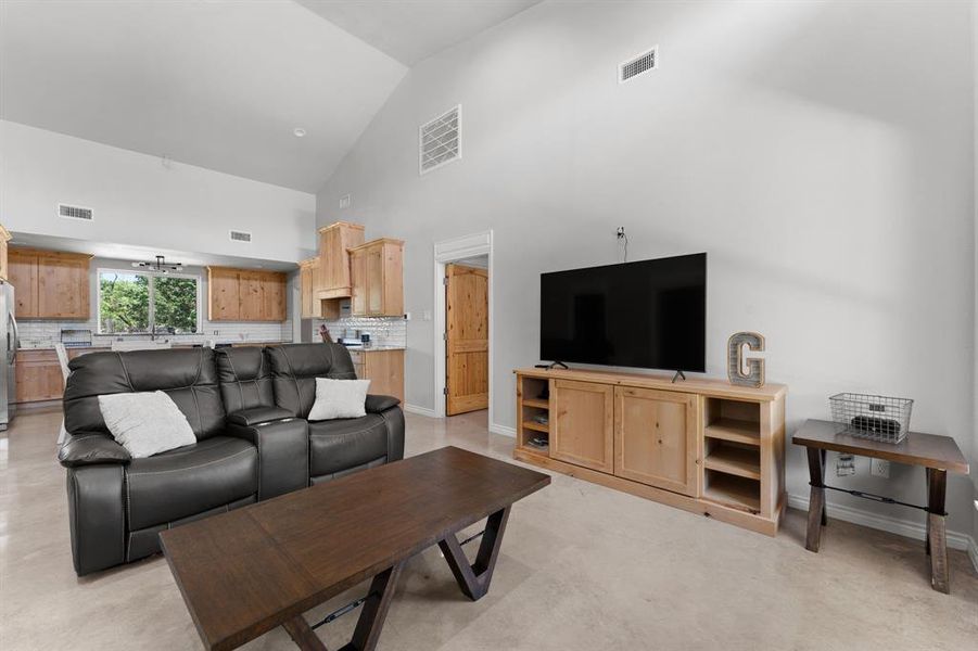 Living room with built in knotty alder console.