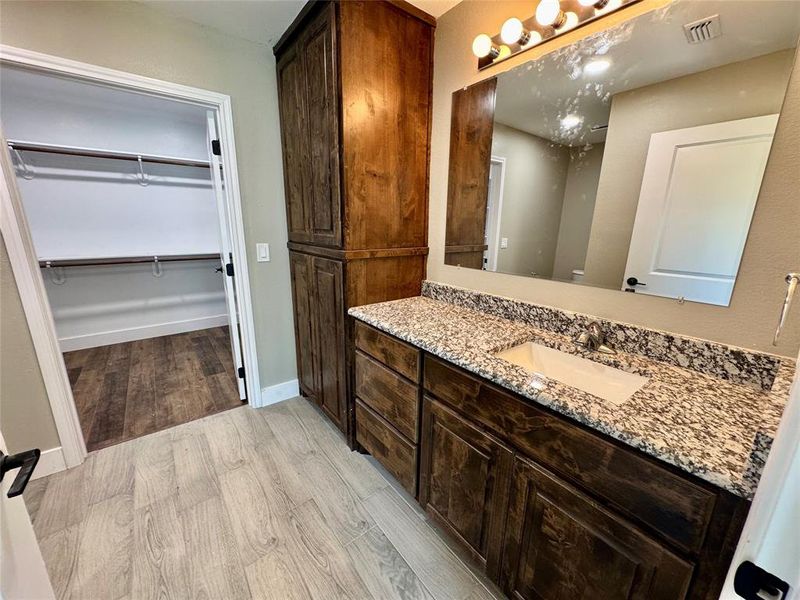 Bathroom featuring vanity, light wood-style floors, and a walk in closet