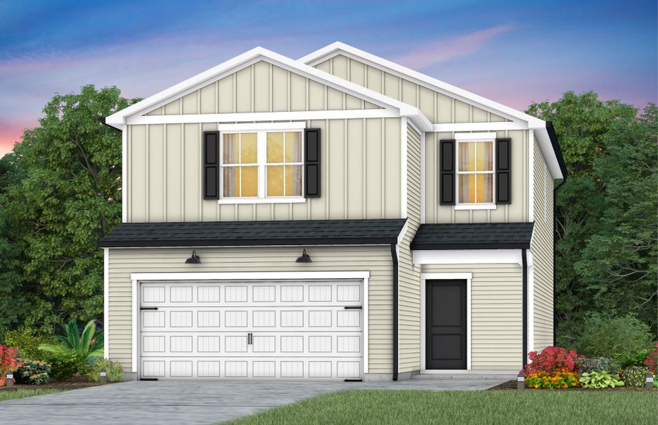Front exterior of a new home in Carpenter Falls, Durham, NC, highlighting curb appeal (Image 1).