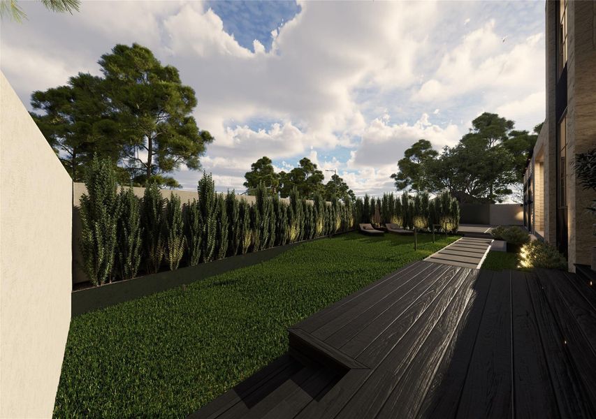 Designed for both quiet mornings and open-air gatherings, this backyard retreat balances tailored hardscape with lush greenery. Elevated planters and structured privacy screening create a serene canvas for relaxation beneath expansive Texas skies. Designed for both quiet mornings and open-air gatherings, this backyard retreat balances tailored hardscape with lush greenery. Elevated planters and structured privacy screening create a serene canvas for relaxation beneath expansive Texas skies.