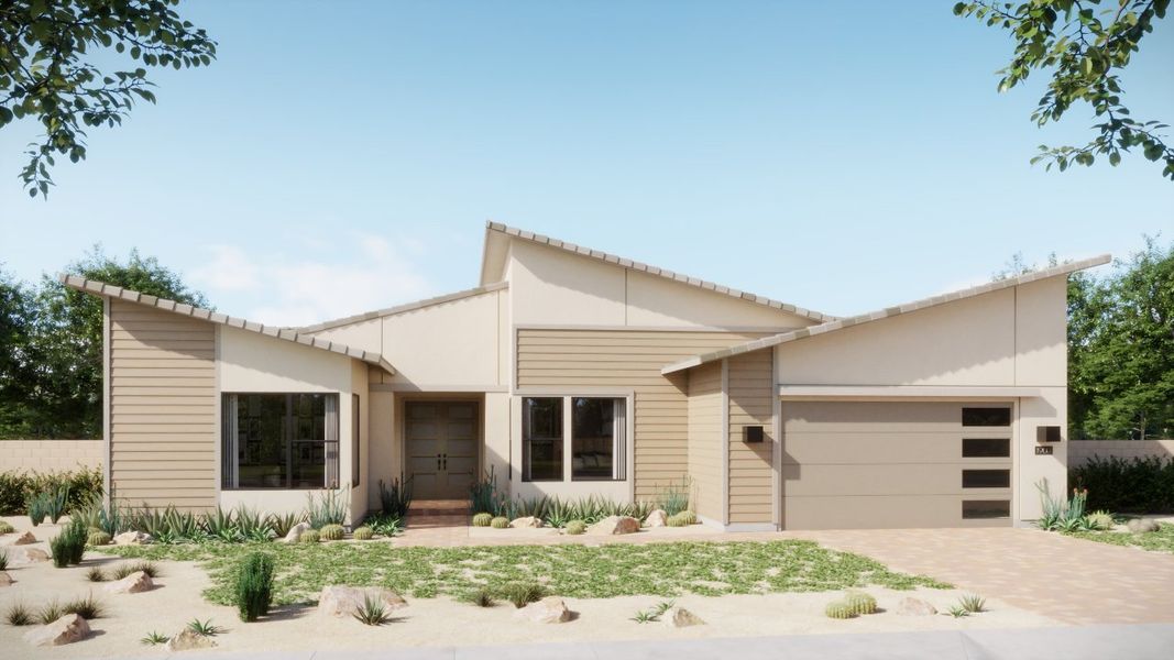Front exterior of a new home in Estates at Kings Ranch, Gold Canyon, AZ, highlighting curb appeal (Image 27). Front exterior of a new home in Estates at Kings Ranch, Gold Canyon, AZ, highlighting curb appeal (Image 27).
