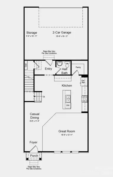 First Floor Plan - Additional Highlights Include: tub and shower in the primary bath, 30" gas slide-in range, trash roll out cabinet in the kitchen, and quick tread and painted risers at stairs