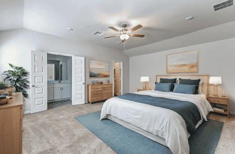 This spacious primary bedroom features plush carpeted floors and soft lighting. It includes a ceiling fan, ample natural light, and an en-suite bathroom accessible through double doors. The image is not the actual home; it is a home with the same floor plan in the neighborhood. Finishes may vary. This spacious primary bedroom features plush carpeted floors and soft lighting. It includes a ceiling fan, ample natural light, and an en-suite bathroom accessible through double doors. The image is not the actual home; it is a home with the same floor plan in the neighborhood. Finishes may vary.