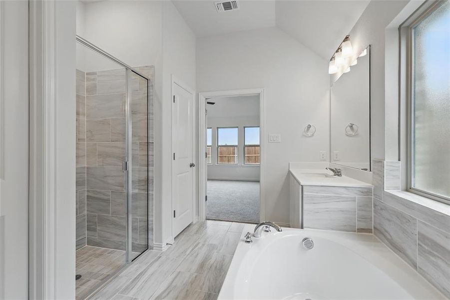 Bathroom with visible vents, vanity, a tub to relax in, a stall shower, and vaulted ceiling Bathroom with visible vents, vanity, a tub to relax in, a stall shower, and vaulted ceiling