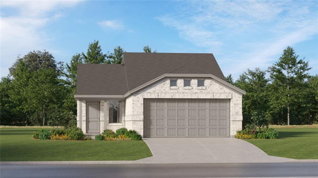 View of front of house featuring a garage and a front yard