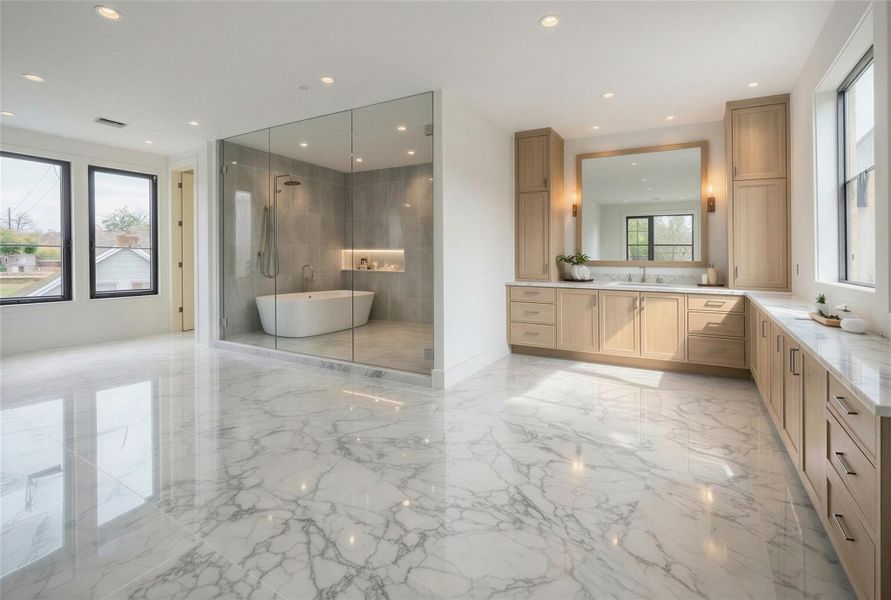 Rendering: Large primary bath with large wet room, and dual vanities.