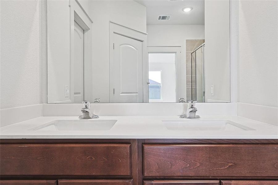 Bathroom with an enclosed shower and vanity