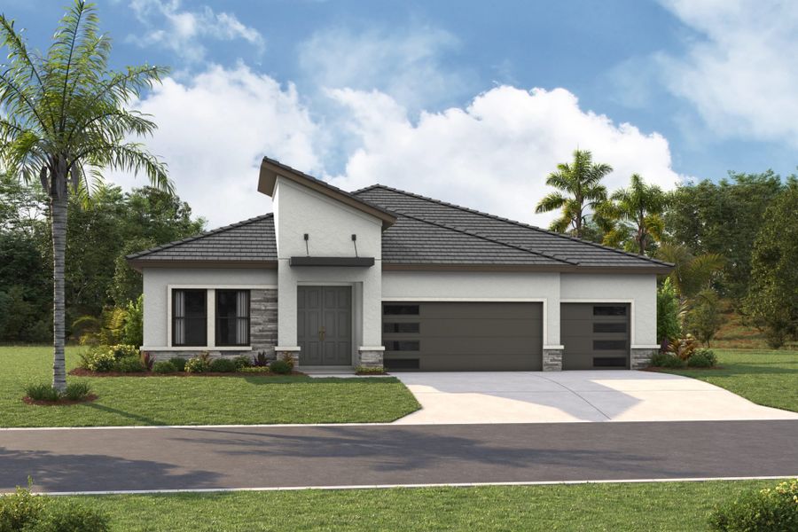 Representative exterior photo of a completed home built from the Bayport I by Homes by WestBay in Two Rivers, Zephyrhills, FL (Image 4).
