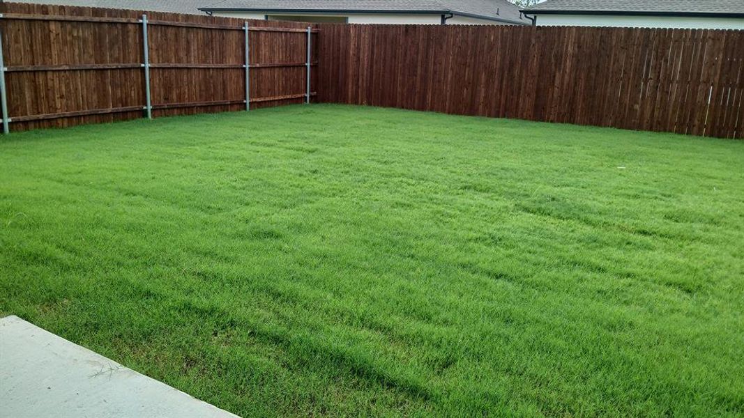 Expansive grassy yard with perimeter wood fencing Expansive grassy yard with perimeter wood fencing