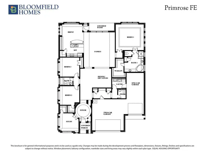 Bloomfield Homes Primrose FE floor plan with three bedrooms, family room, study, and two-car garage layout