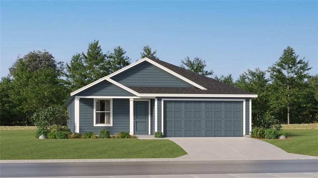 Ranch-style home featuring a garage and a front lawn