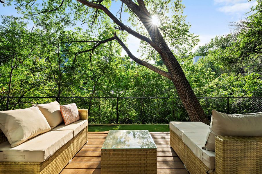Wooden deck with an outdoor hangout area