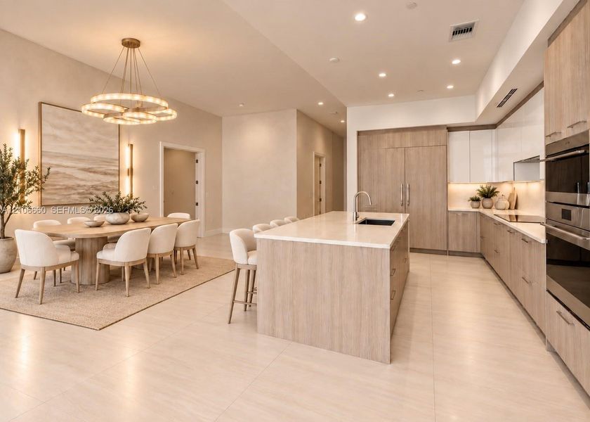 Kitchen featuring light wood-finish cabinetry, a large central island with light-toned countertops, integrated stainless steel appliances, recessed lighting, and a multi-tiered circular chandelier