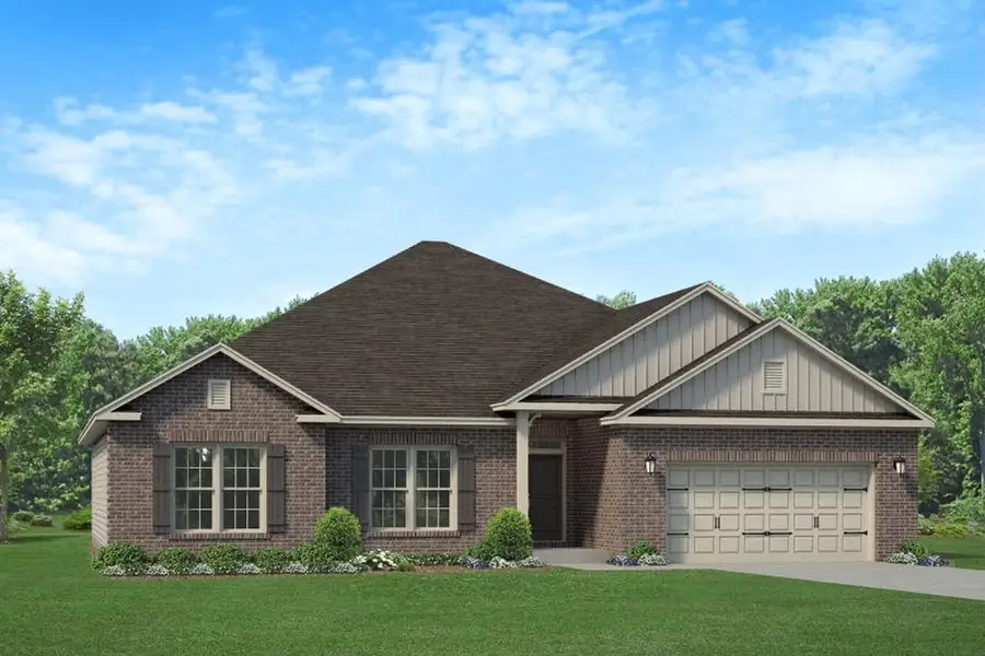 Front exterior of a new home in Hidden Lake Estates, Greenville, SC, highlighting curb appeal (Image 1).