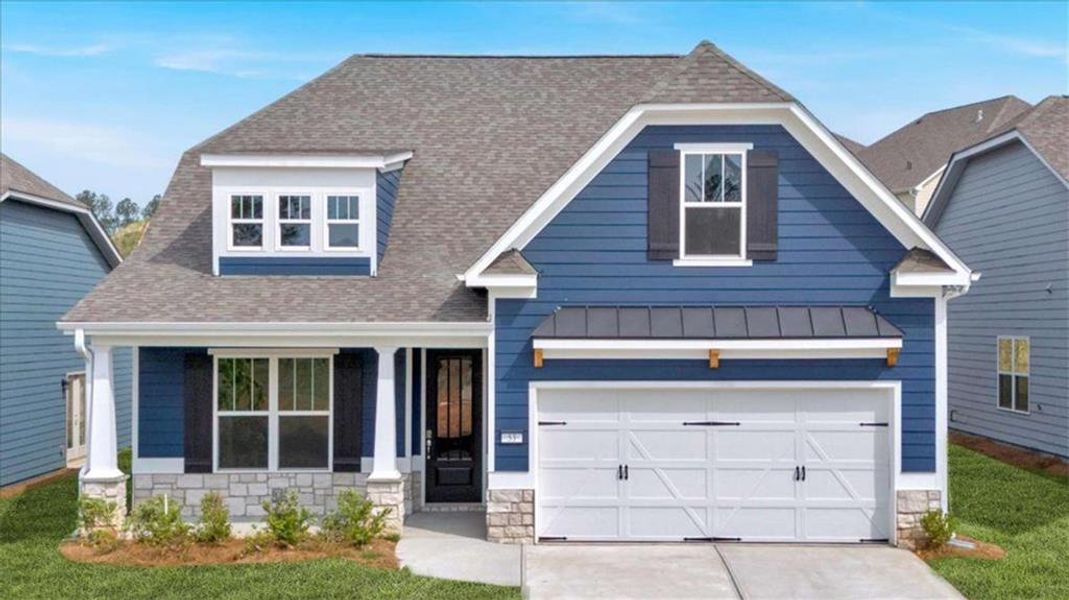 Front exterior of a new home in Heritage Pointe at The Georgian, Villa Rica, GA, highlighting curb appeal (Image 2). Front exterior of a new home in Heritage Pointe at The Georgian, Villa Rica, GA, highlighting curb appeal (Image 2).
