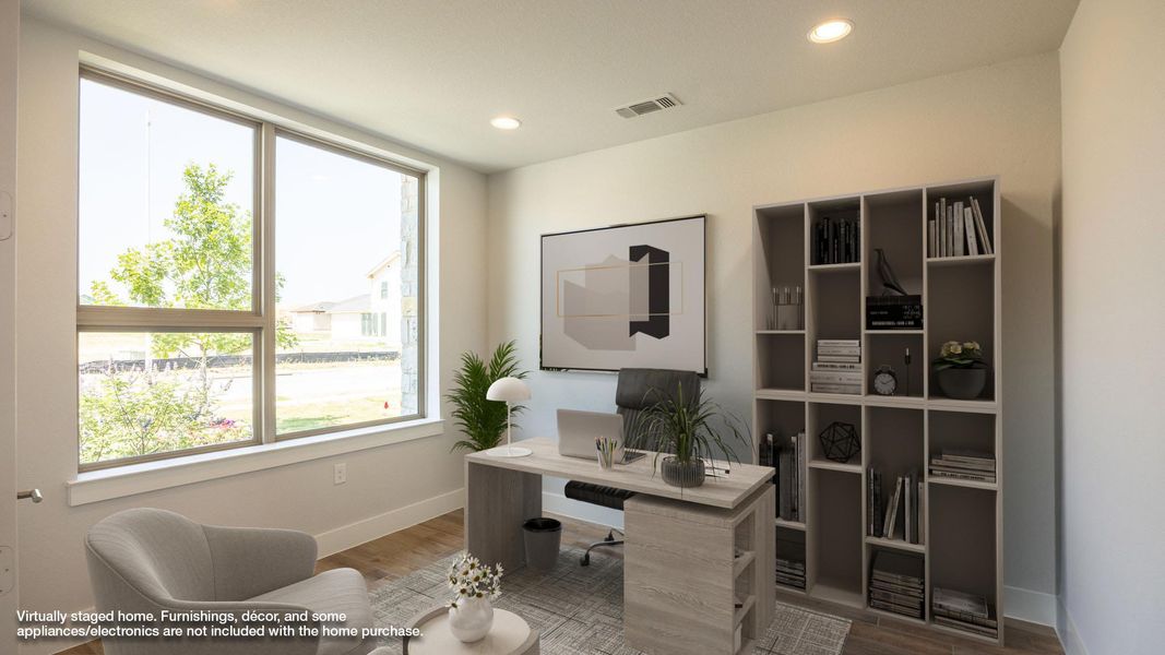 Home office with baseboards, wood finished floors, and recessed lighting Home office with baseboards, wood finished floors, and recessed lighting