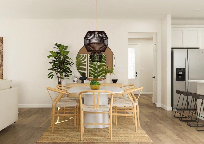 Rendering of Dinning room that  is separating the kitchen and living room. The dinning room has a six-person  table.