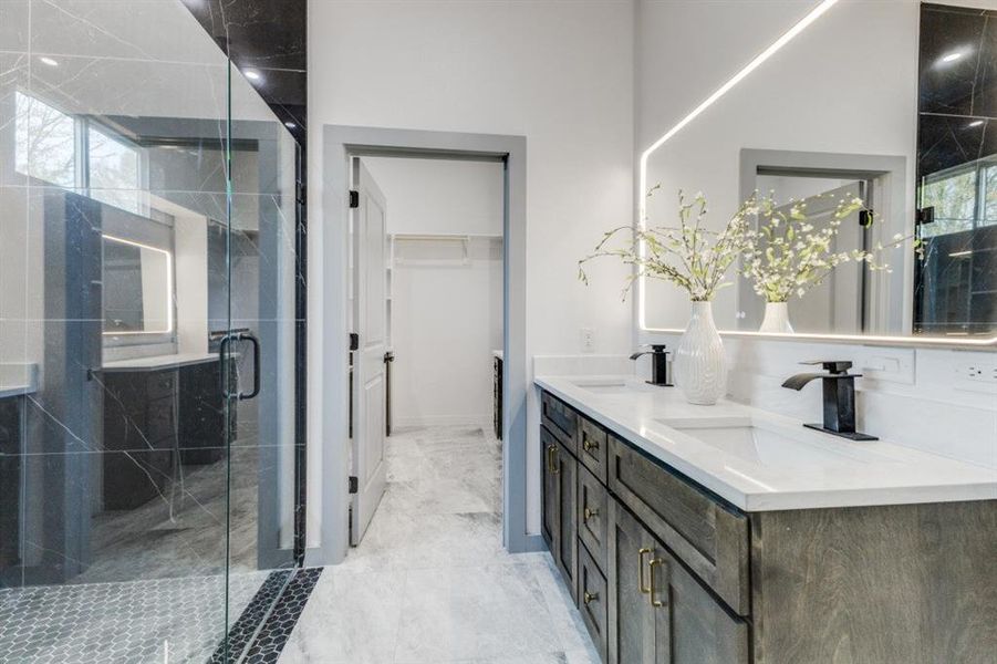 Bathroom with a shower with door and vanity