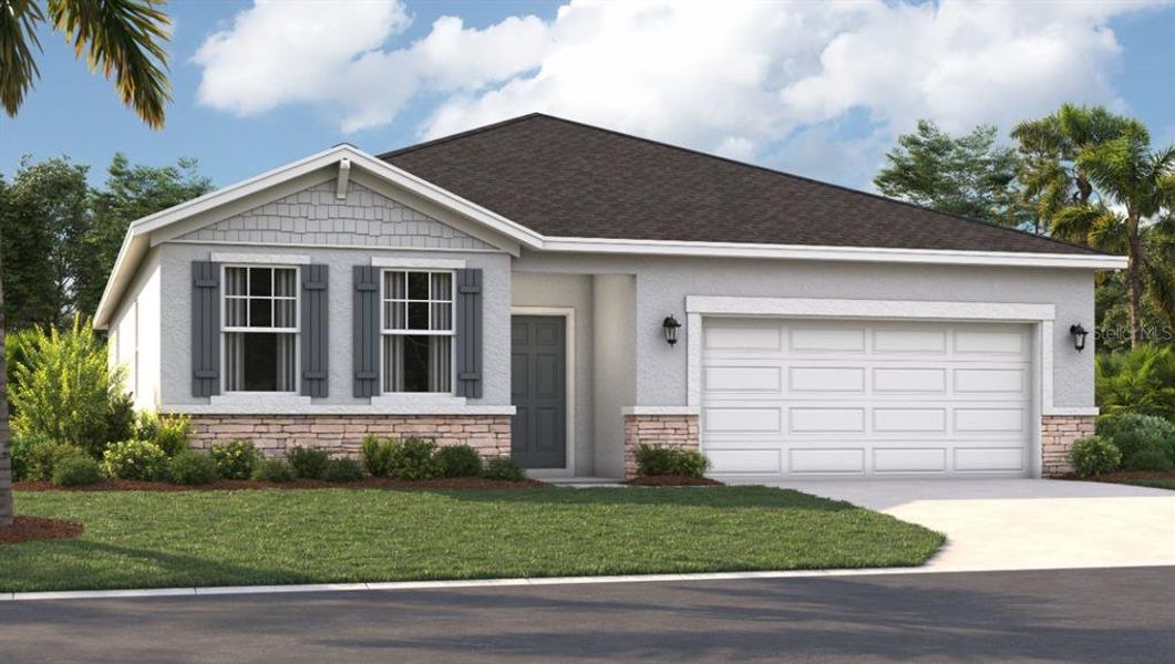 Front exterior of a new home in Sunset Lakes Estates, Mascotte, FL, highlighting curb appeal (Image 1). Front exterior of a new home in Sunset Lakes Estates, Mascotte, FL, highlighting curb appeal (Image 1).