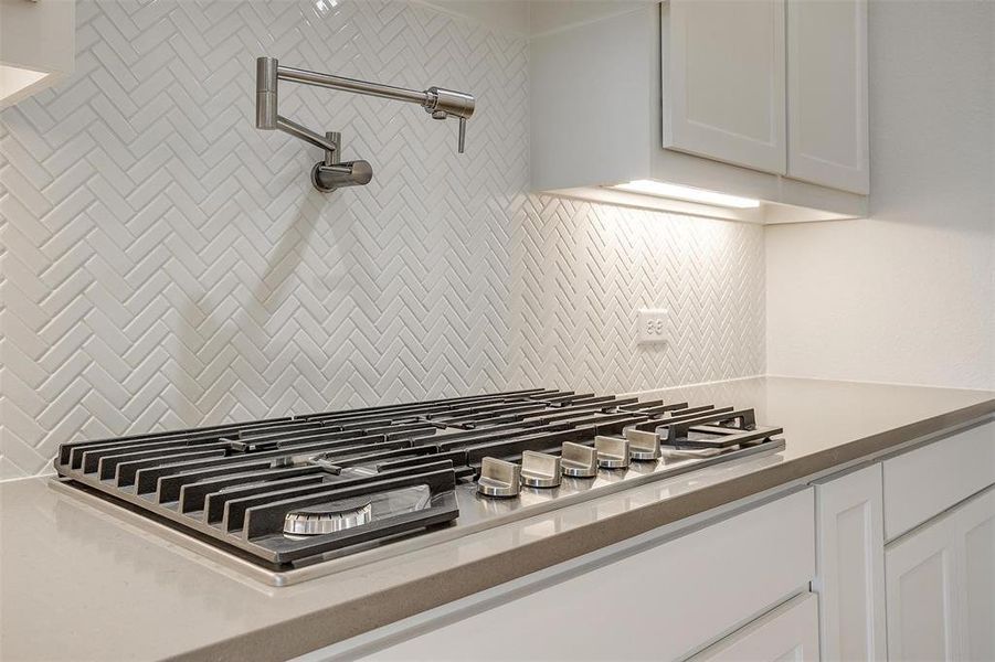 Details with white cabinetry and tasteful backsplash