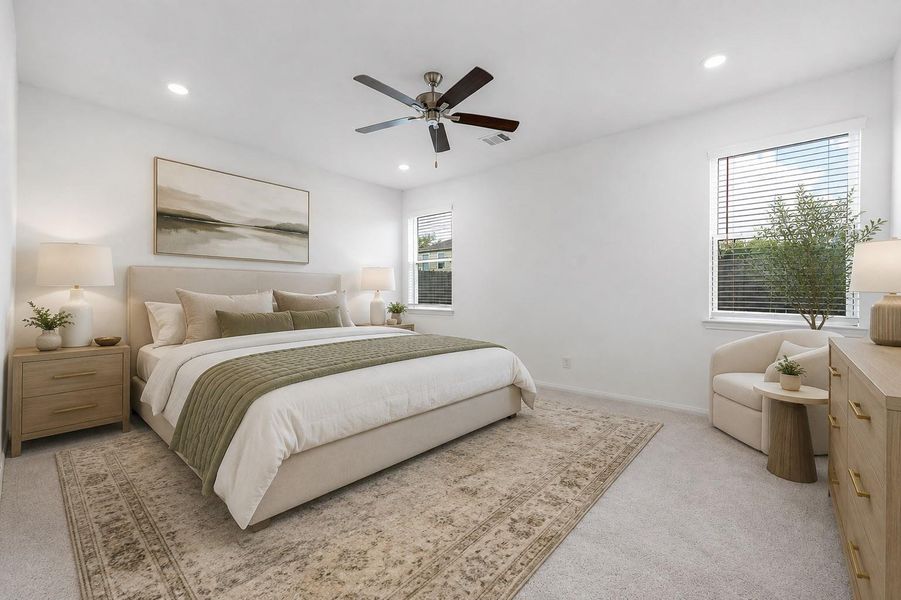 Alternative view of the primary bedroom, virtually staged. Alternative view of the primary bedroom, virtually staged.