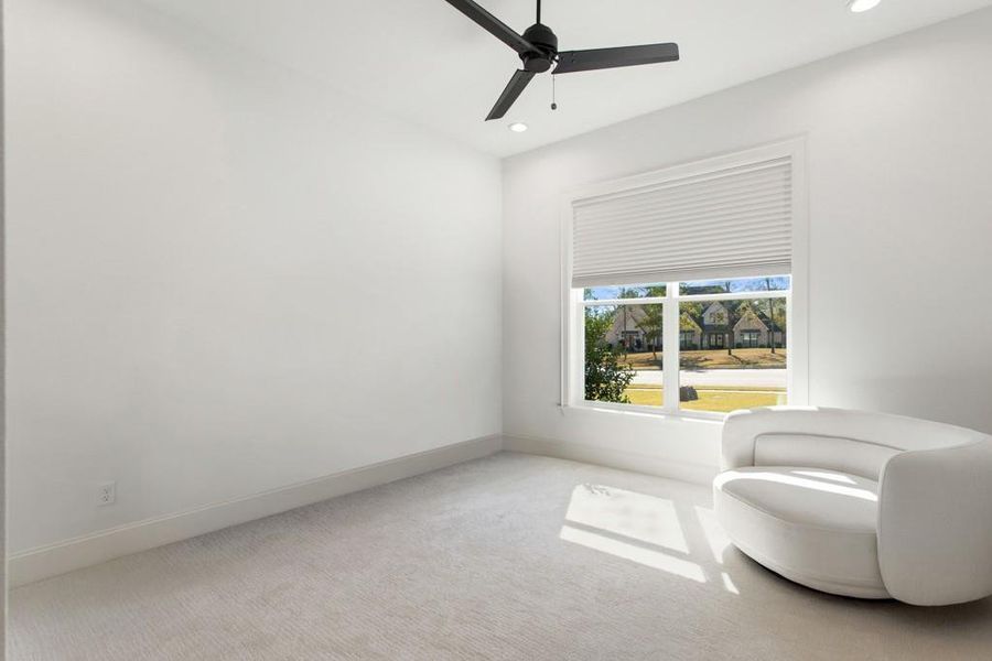 Sitting room with carpet, recessed lighting, and ceiling fan