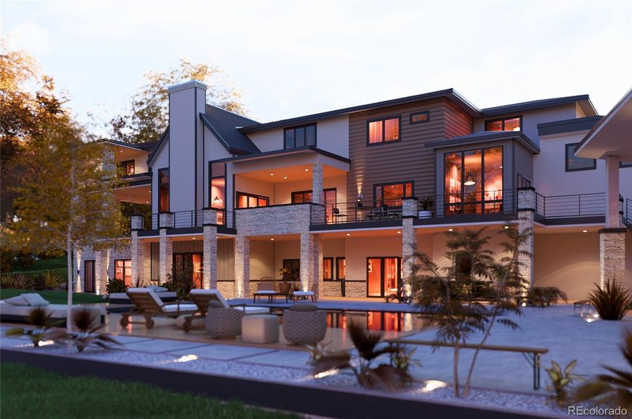 Rendering of stunning new custom estate showcasing resort style living, expertly crafted by Flatiron Development & Custom Homes.