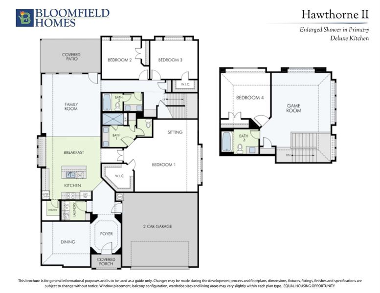 Bloomfield Homes Hawthorne II floor plan showing four bedrooms, game room, kitchen, family room, and two-car garage across two levels.