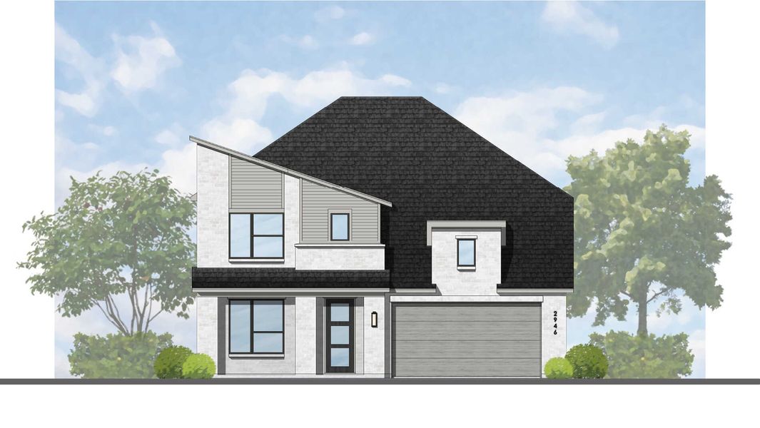 Representative exterior photo of a completed home built from the Solomon Plan by Highland Homes in Riceland: 50ft. lots, Mont Belvieu, TX (Image 5). Representative exterior photo of a completed home built from the Solomon Plan by Highland Homes in Riceland: 50ft. lots, Mont Belvieu, TX (Image 5).