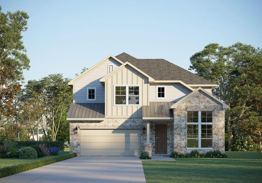 View of front of property with a shingled roof, driveway, board and batten siding, a standing seam roof, and a front yard