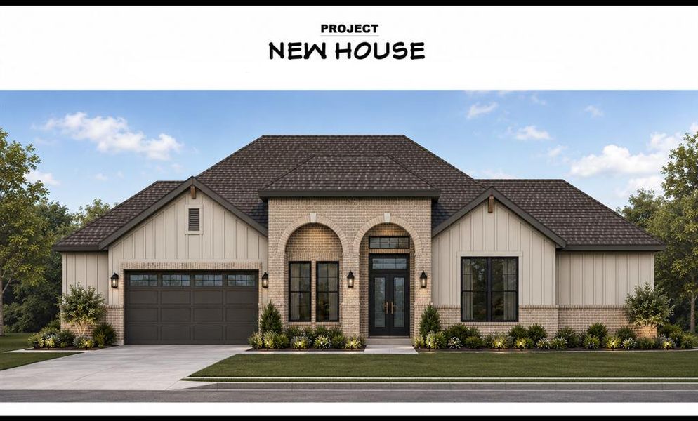 Single-story residence featuring a combination of light brick and vertical board-and-batten siding Single-story residence featuring a combination of light brick and vertical board-and-batten siding