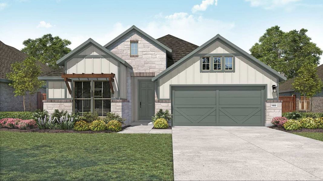 Representative exterior photo of a completed home built from the Mahogany by DRB Homes in Carillon, Manor, TX (Image 7). Representative exterior photo of a completed home built from the Mahogany by DRB Homes in Carillon, Manor, TX (Image 7).