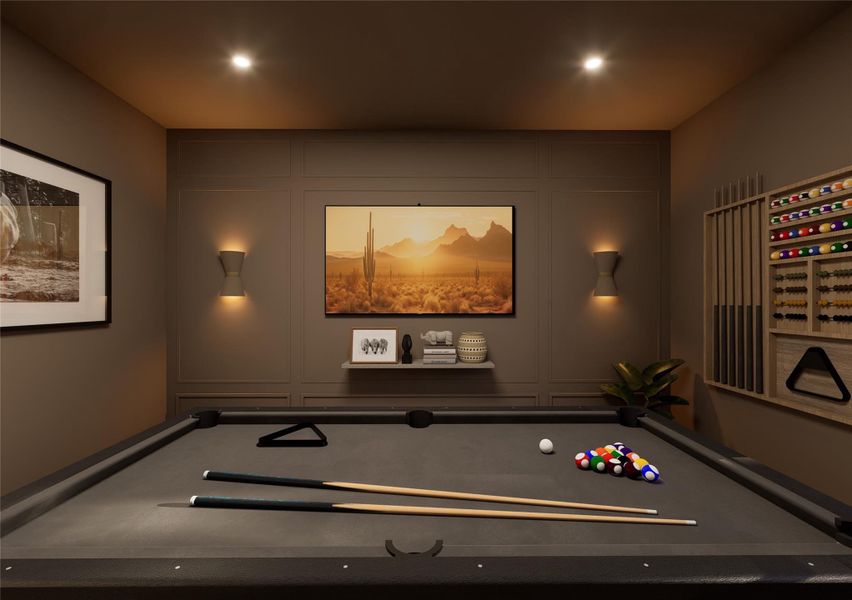 A moody, lounge-inspired game room designed for laid-back evenings and lively competition. Tailored wall paneling, ambient sconces, and a sleek billiards table set the stage for refined entertainment with just the right edge. A moody, lounge-inspired game room designed for laid-back evenings and lively competition. Tailored wall paneling, ambient sconces, and a sleek billiards table set the stage for refined entertainment with just the right edge.