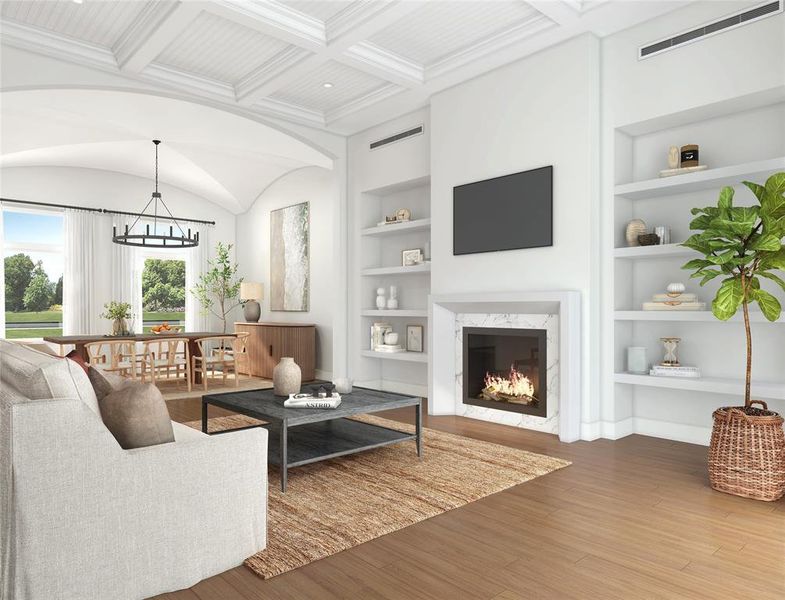 Open and Inviting - This Luxurious family room features a coffered ceiling, a brilliant fireplace flanked by shelving on both sides anchored by wide planked hardwood engineered floors. It exudes both warmth and sophistication Glass expanse doors open to the backyard seamlessly blending indoor outdoor living.