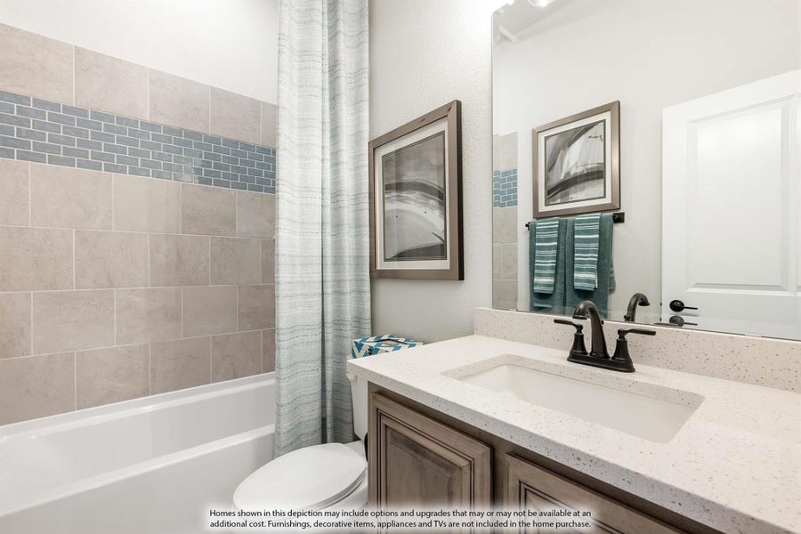 Bathroom with tiled tub-shower combo, single vanity with quartz countertop, and wood cabinets Bathroom with tiled tub-shower combo, single vanity with quartz countertop, and wood cabinets