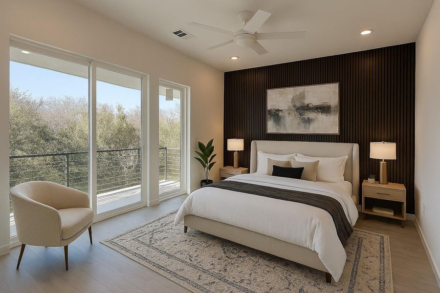 This modern bedroom features large windows with natural views, a cozy bed with neutral tones, stylish lighting, and a textured accent wall, offering a serene and elegant retreat.
