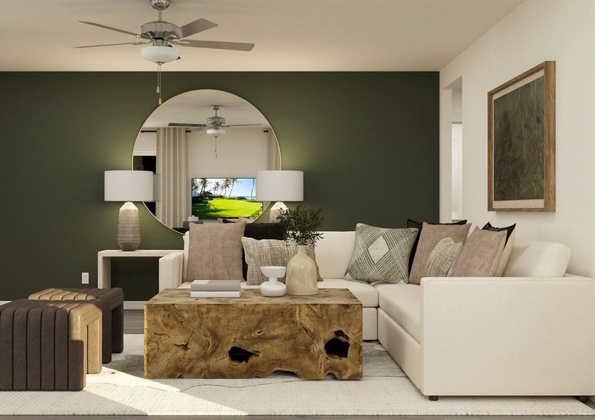 Rendering of a living room with sectional couch and large mirror. Rendering of a living room with sectional couch and large mirror.
