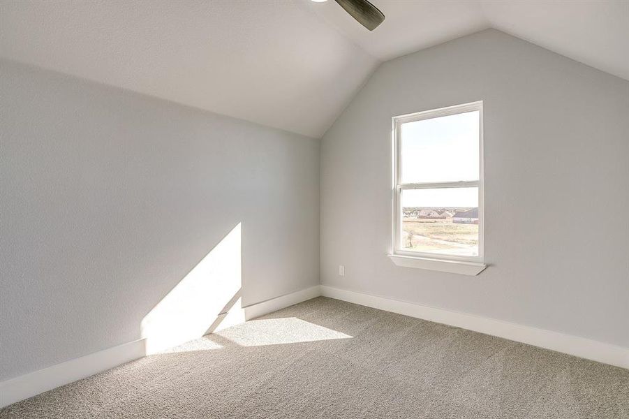 Bonus room with vaulted ceiling and carpet