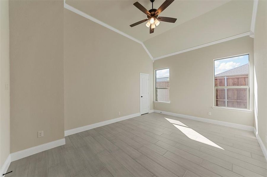 Unfurnished room with ceiling fan, light hardwood / wood-style floors, lofted ceiling, and ornamental molding