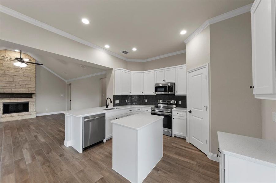 Open-concept kitchen featuring white cabinetry, stainless steel appliances, a center island, and wood-finish flooring