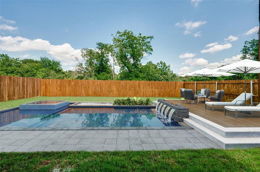 Virtually Staged for Illustrative Purposes. View of swimming pool featuring a jacuzzi, outdoor lounge area, and a wooden deck