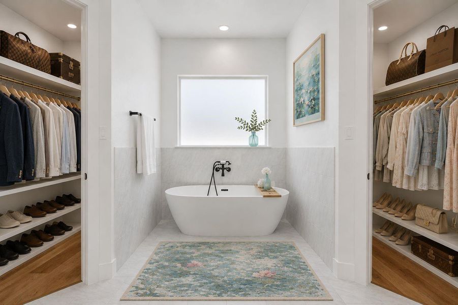 Smartly designed his/her walk in closets in master bathroom Smartly designed his/her walk in closets in master bathroom