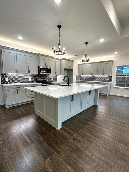 Kitchen featuring pendant lighting, stainless steel appliances, a large island, and dark hardwood / wood-style flooring