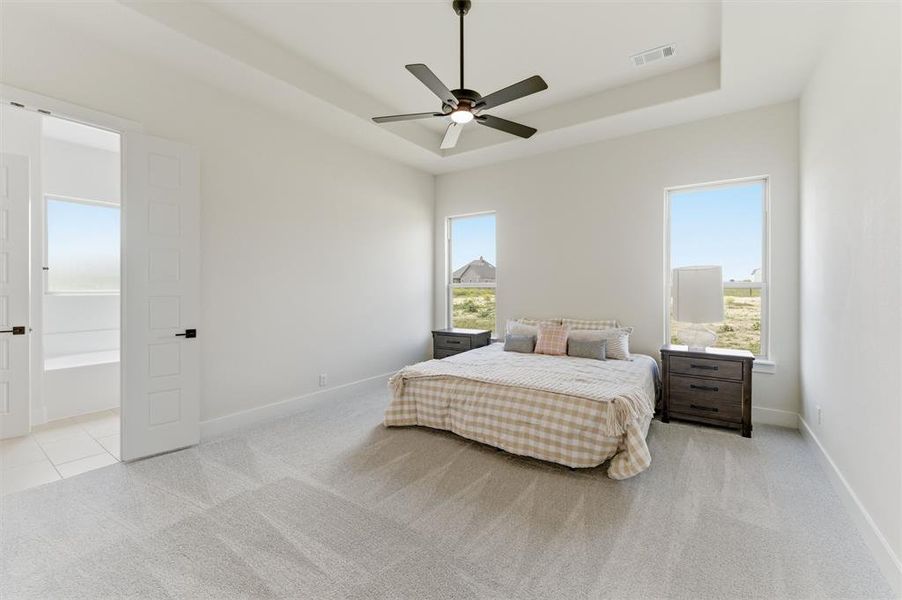 Spacious room featuring light gray carpet flooring, a tray ceiling with a black ceiling fan, and two large windows