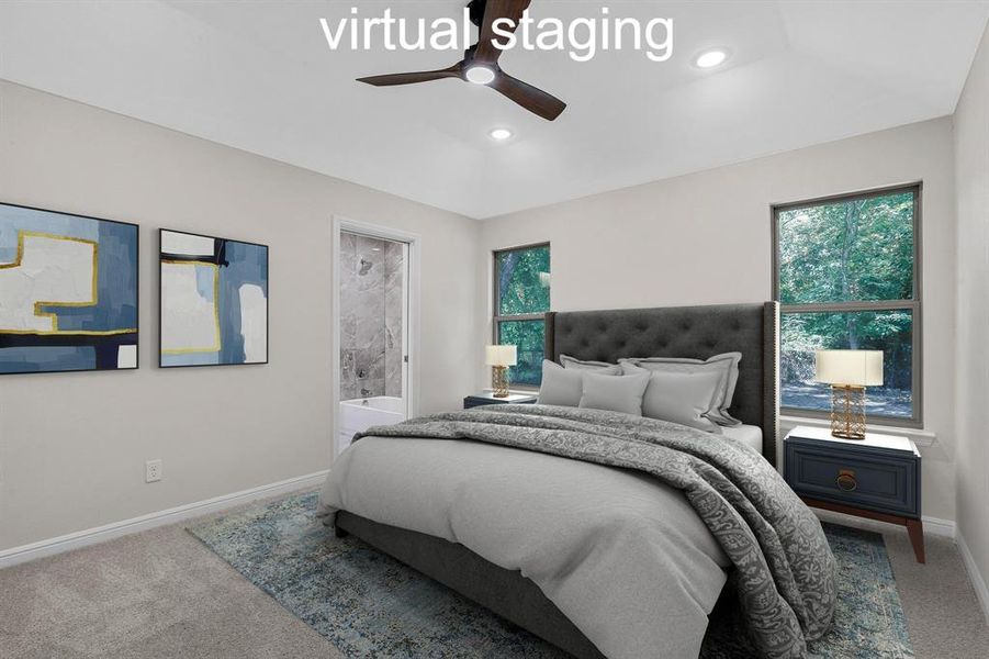 Carpeted bedroom with ceiling fan