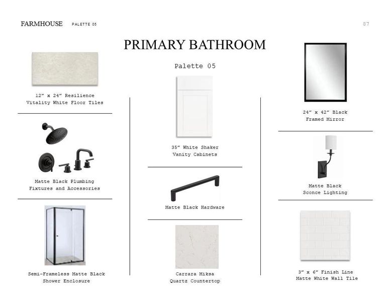 Farmhouse Look Palette 5: Primary Bathroom Selection Sheet (*Artist rendering used for illustration purposes only.) Farmhouse Look Palette 5: Primary Bathroom Selection Sheet (*Artist rendering used for illustration purposes only.)