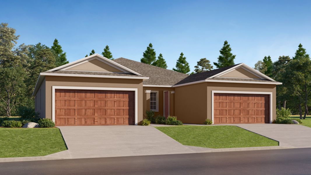 Front exterior of a new home in Prosperity Lakes Active Adult, Parrish, FL, highlighting curb appeal (Image 1). Front exterior of a new home in Prosperity Lakes Active Adult, Parrish, FL, highlighting curb appeal (Image 1).
